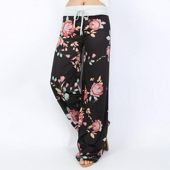 Uhndy Womens Comfy Stretch Floral Print Drawstring Wide Leg Lounge Pants