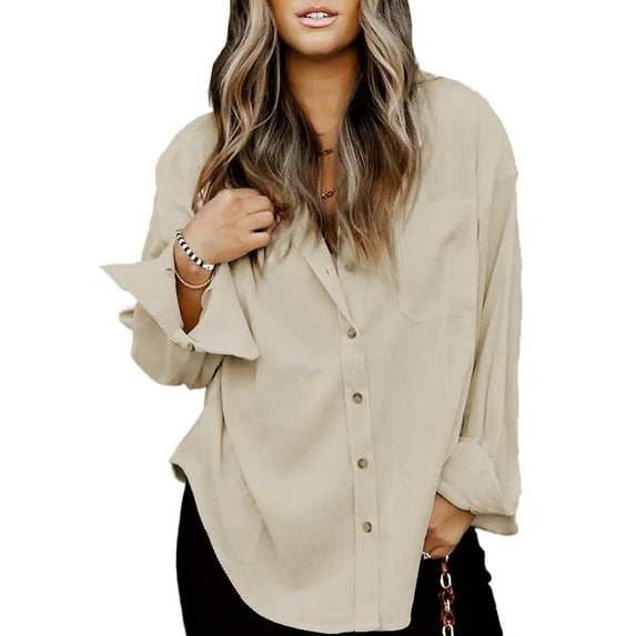 Uhndy Womens Corduroy Shirts Casual Long Sleeve Button Down Blouses Oversized Jacket Tops-LQ