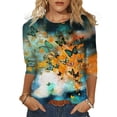 thumbnail image 1 of Uhndy Womens Crew Neck Butterfly Print Shirts Loose Tee 3/4 Sleeve Casual Tops Blouse Blue & Green L, 1 of 1