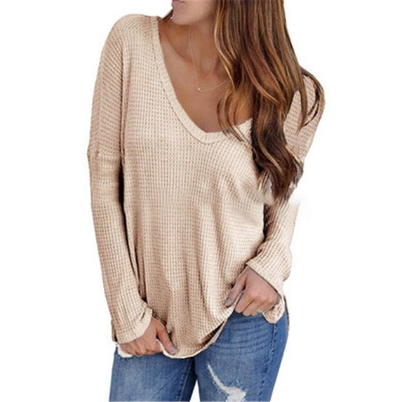 Uhndy Womens Fall Solid Color V Neck Waffle Knit Long Sleeve T-shirt Bouse Khaki 2XL