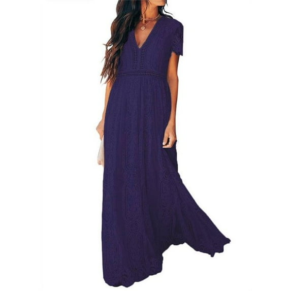 Uhndy Womens Lace Dress V Neck Floral Lace Wedding Dress Short Sleeve Bridesmaid Evening Party Maxi Dress
