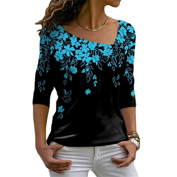 Uhndy Womens Ladies Floral Printed 3/4 Sleeve T-shirt Tops Casual Blouse Pullover Tee Autumn