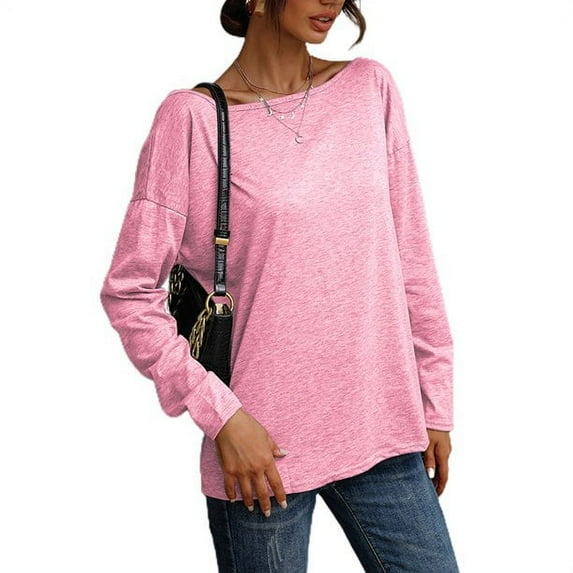Uhndy Womens Plain Tee Crew Neck Long Sleeve Shirt Blouse Casual Backless Basic Tops Pullover Pink S