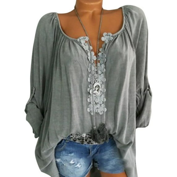 Uhndy Womens Plus Size Boho Floral Long Sleeve Blouse Tunic Tops Beach Casual T Shirts-LQ