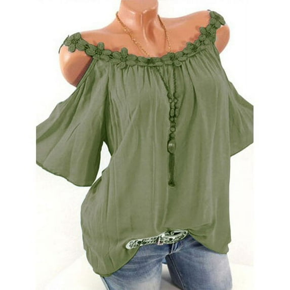 Uhndy Womens Round Neck Plus Size Cold Shoulder Tee Tops Summer Shirts Loose Blouse-LQ