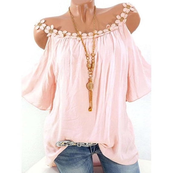 Uhndy Womens Round Neck Plus Size Cold Shoulder Tee Tops Summer Shirts Loose Blouse