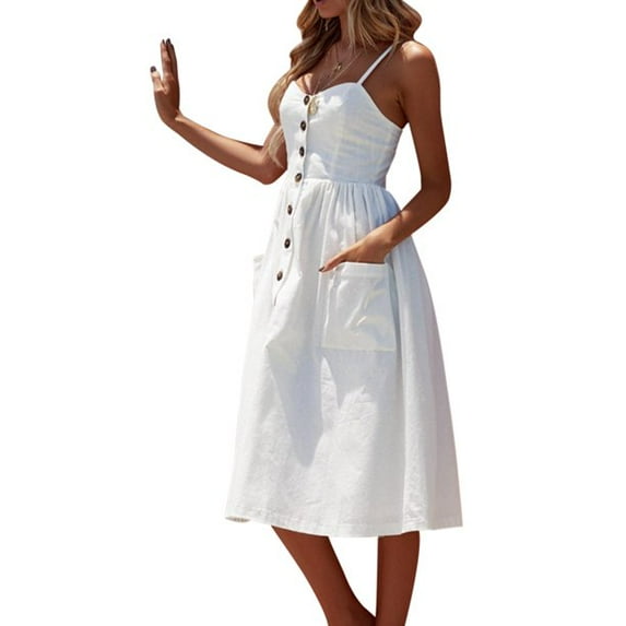 Uhndy Womens Summer Holiday Beach Button Through Ladies Sling Long Smock Sun Dress-LQ