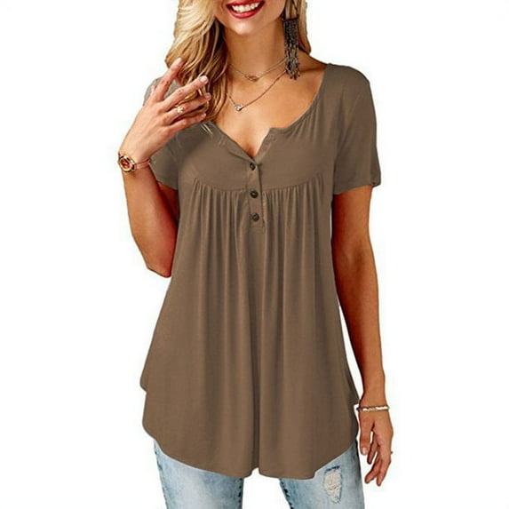 Uhndy Womens Summer Short Sleeve Blouse Shirt Tops Casual Loose Plain Plus Size Tunic-LQ
