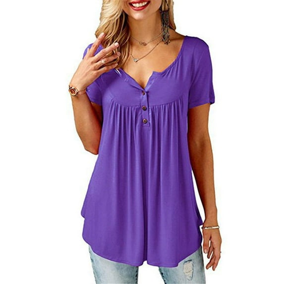 Uhndy Womens Summer Short Sleeve Blouse Shirt Tops Casual Loose Plain Plus Size Tunic-LQ