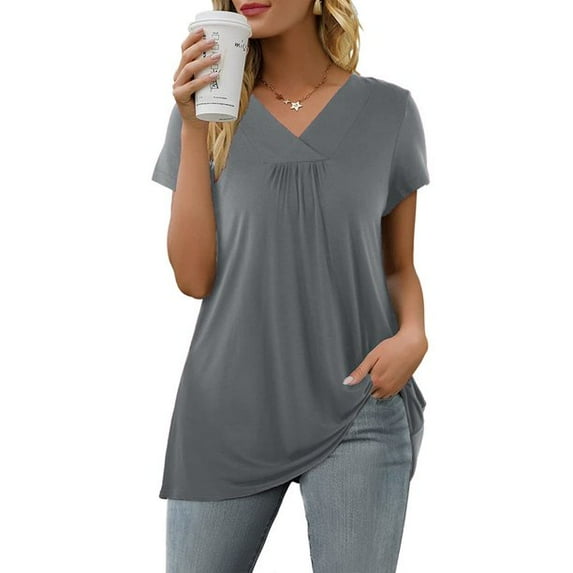 Uhndy Womens Summer Short Sleeve Blouse Shirt Tops Casual Loose Plain Plus Size Tunic