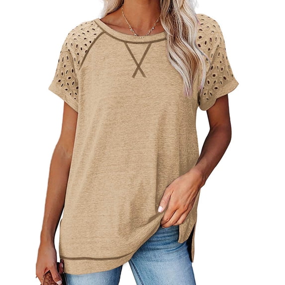 Uhndy Womens Summer Tunic Blouses Casual Short Sleeve Tops Shirts Lightweight Crew Neck Side Split T-Shirts Pullover