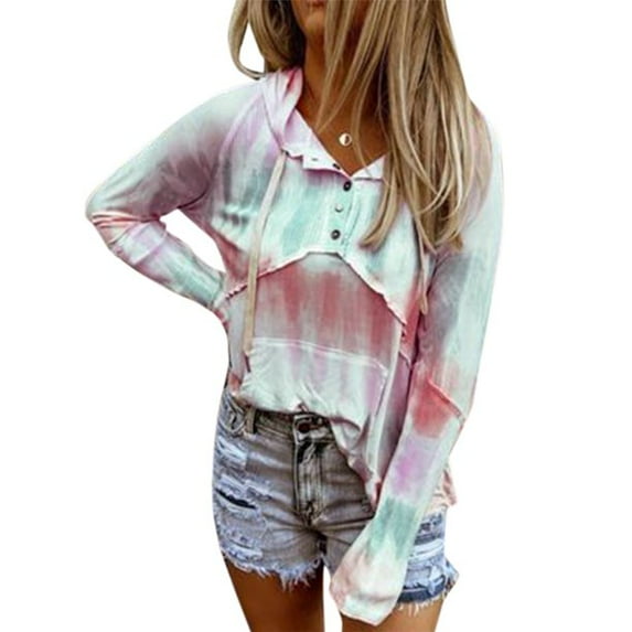 Uhndy Womens Tie Dye Plus Size Button Long Sleeve Blouse Tops Hooded Loose Sweatshirt Pink S