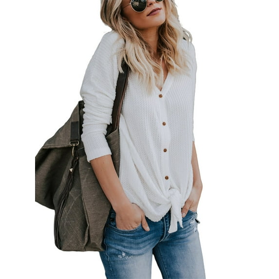 Uhndy Womens Waffle Knit Tunic Blouse Tie Knot Henley Tops Loose Fitting Bat Wing Plain Shirts White M