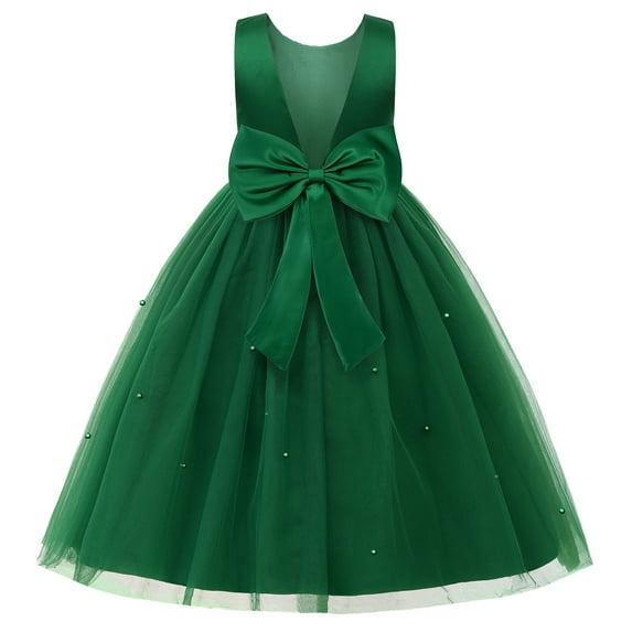Uhnice Flower Girl Dress Satin V-Back Ball Gown for Wedding Party with Bowknot (Dark Green, 160/13-14 Years)
