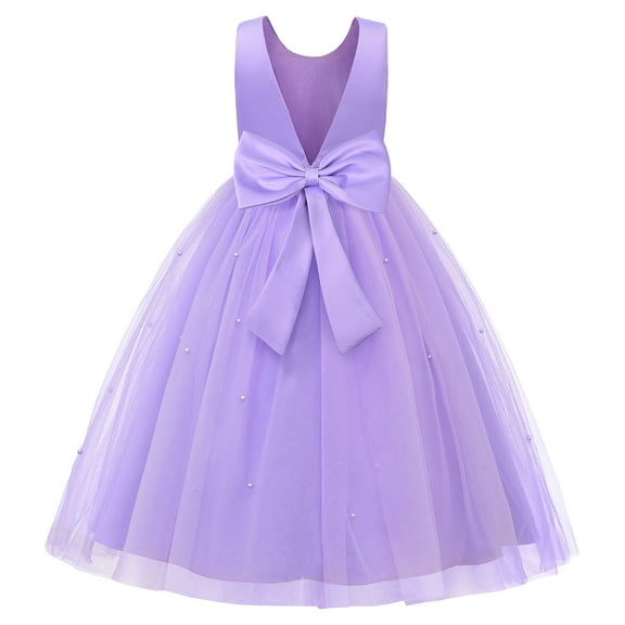 Uhnice Flower Girl Dress Satin V-Back Ball Gown for Wedding Party with Bowknot (Purple, 2-3/90)