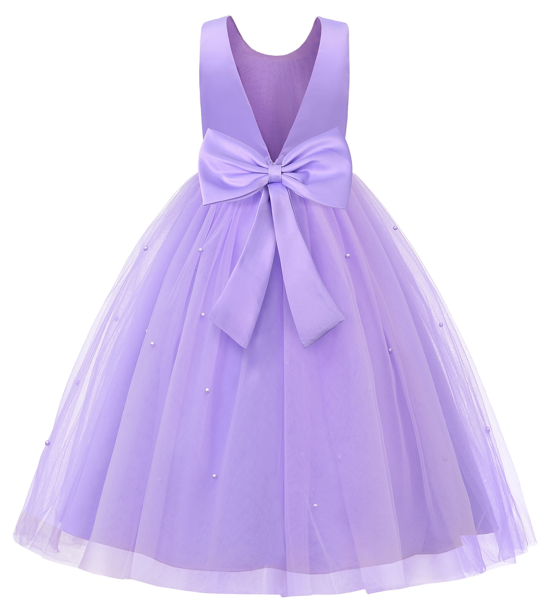 Pink Satin V Back Wedding Flower Girl Dress, Bows