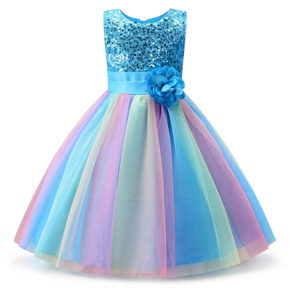 Uhnice Little Girl's Sequin Sleeveless Mesh Rainbow Dress for Wedding Party (Blue, 3-4 Years/110)