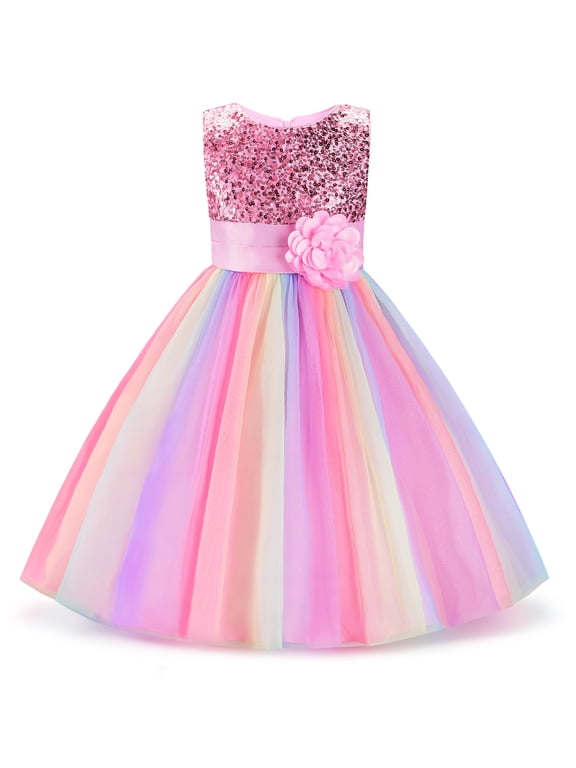 Little Girl's Sequin Sleeveless Mesh Rainbow Dress for Wedding Party (Pink, 3-4T/110)