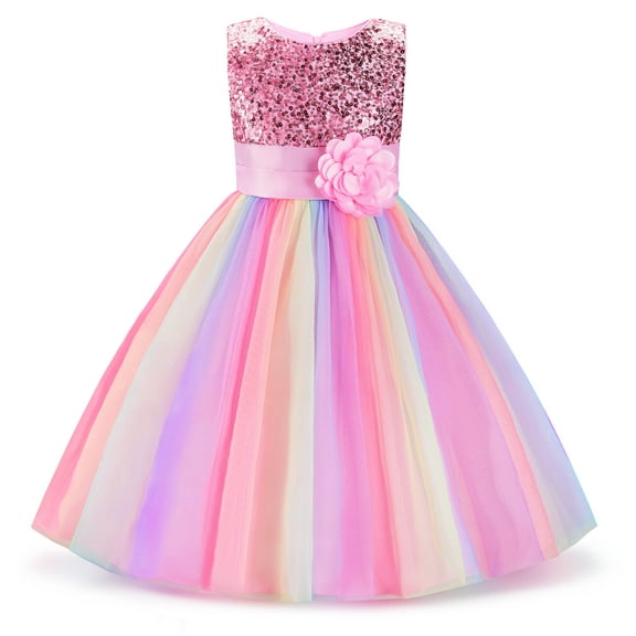 Uhnice Little Girl's Sequin Sleeveless Mesh Rainbow Dress for Wedding Party (Pink, 5-6 Years/130)