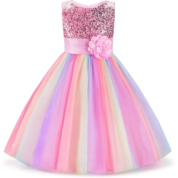Uhnice Little Girl's Sequin Sleeveless Mesh Rainbow Dress for Wedding Party (Pink, 8-9 Years/160)