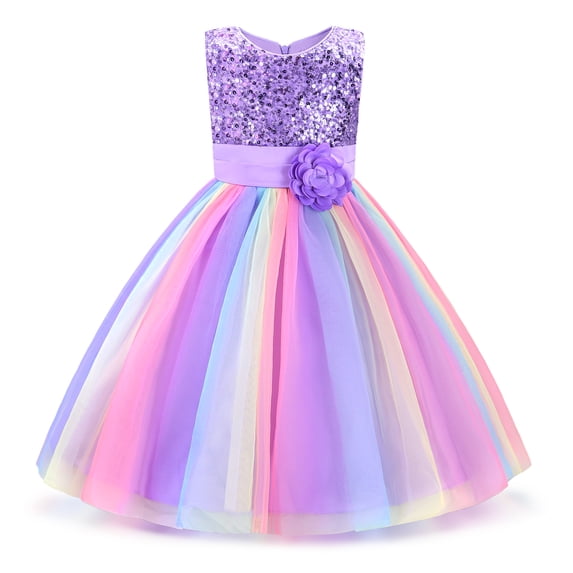 Uhnice Little Girl's Sequin Sleeveless Mesh Rainbow Dress for Wedding Party (Purple, 6-7 Years/140)