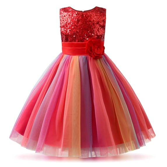 Uhnice Little Girl's Sequin Sleeveless Mesh Rainbow Dress for Wedding Party (Red, 6-7/140)