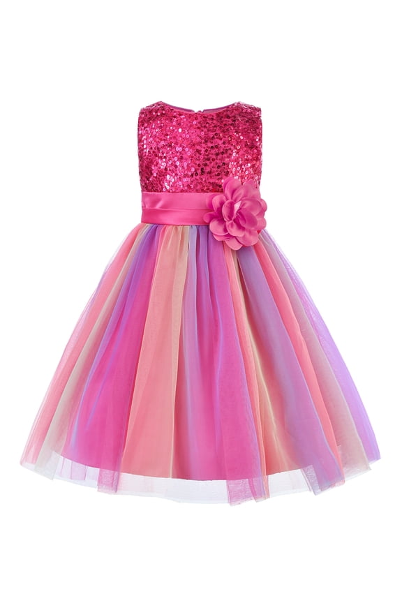 Little Girl's Sequin Sleeveless Mesh Rainbow Dress for Wedding Party (Rose, 5-6 Years/130)