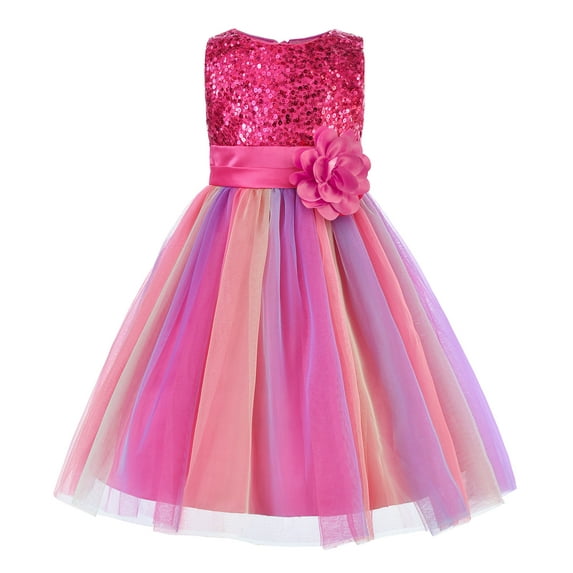 Uhnice Little Girl's Sequin Sleeveless Mesh Rainbow Dress for Wedding Party (Rose, 7-8 Years/150)