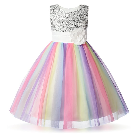 Uhnice Little Girl's Sequin Sleeveless Mesh Rainbow Dress for Wedding Party (White, 4-5/120)