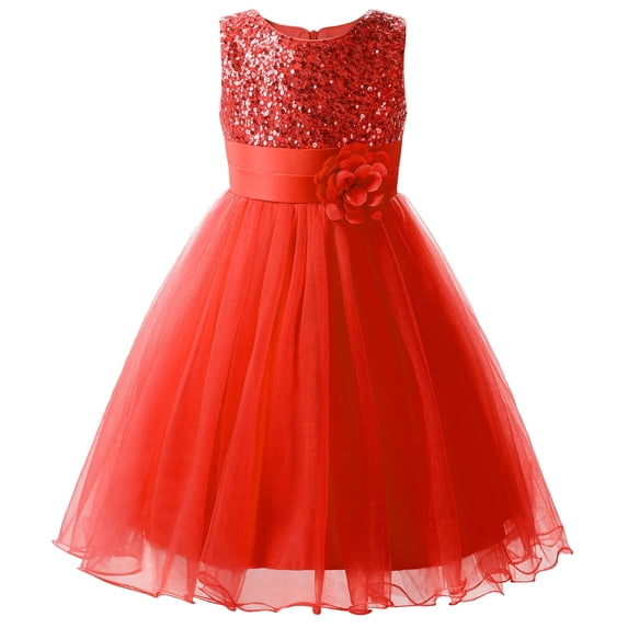 Uhnice Sequin Sleeveless Tulle Mesh Flower Girl Party Dress (Red, 7 Years/150)