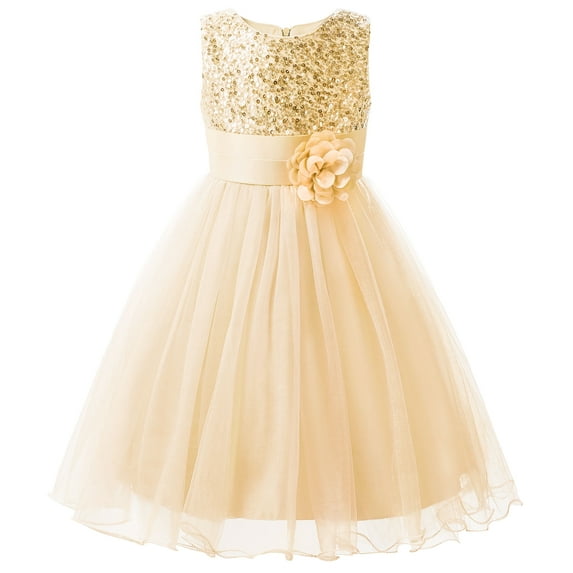 Uhnice Sequin Sleeveless Tulle Mesh Flower Girl Party Dress (Beige, 7 Years/150)