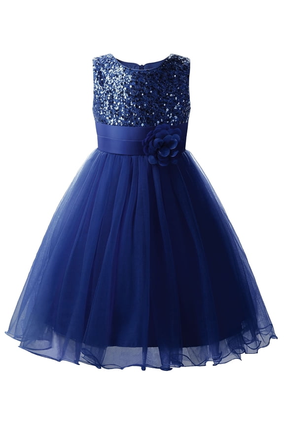 Sequin Sleeveless Tulle Mesh Flower Girl Party Dress (Navy Blue, 5 Years/130)