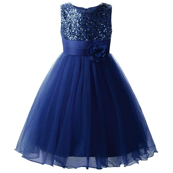 Uhnice Sequin Sleeveless Tulle Mesh Flower Girl Party Dress (Navy Blue, 7 Years/150)