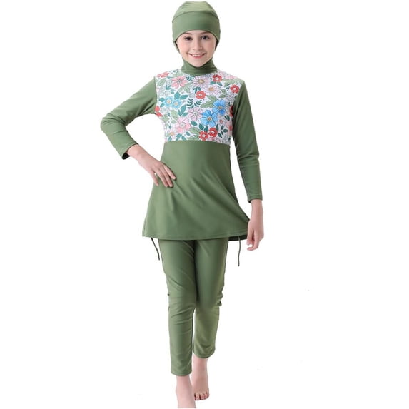【Uhome】1-12 Years Girls Muslimah Swimsuit for Kids Swimwear suit Burkini Full Cover Hijab Top Pants Swim Costume Bathing Suit with Cap