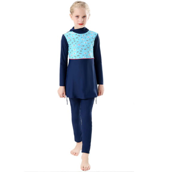 【Uhome】1-12 Years Girls Muslimah Swimsuit for Kids Swimwear suit Burkini Full Cover Hijab Top Pants Swim Costume Bathing Suit with Cap