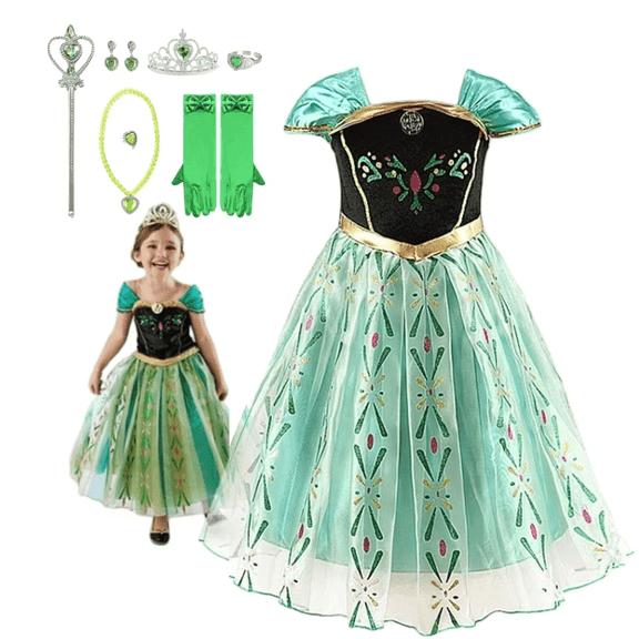 【Uhome】10Pcs Princess Dress Up for Girls Halloween Cosplay Princess Costume Luxury Green Fancy Dress Christmas Birthday Party Outfit