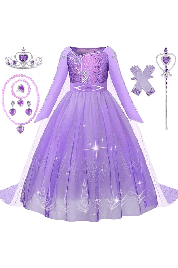 【Uhome】10Pcs Princess Dress for Girls Purple Princess Dress Up Clothes with Accessories Halloween Snow Queen Party Cosplay