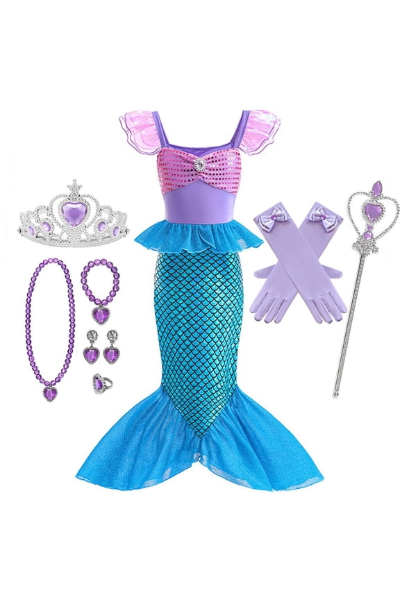 【Uhome】10Pcs Princess Mermaid Costume Ariel Dress for Grils Birthday Party Halloween Cosplay Suit 3-10 Years