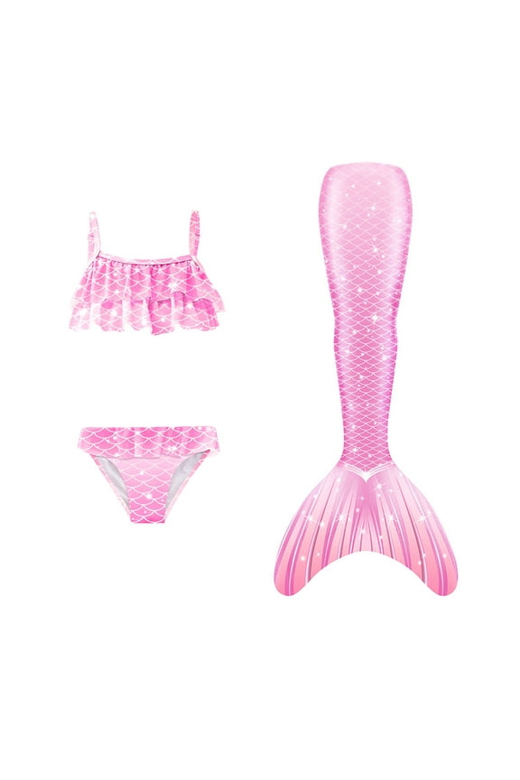 【Uhome】3-12Y Girls Mermaid Bathing Suit 3PCS Cute Ruffle Bikini Swimsuits with Fish Tail Kids Beach Swimwear