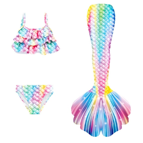 【Uhome】3-12Y Girls Mermaid Bathing Suit 3PCS Hot Spring Bikini Swimsuits with Fish Tail Kids Beach Costume Set