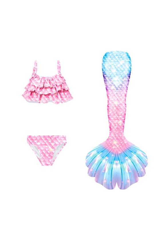 【Uhome】3-12Y Girls Mermaid Bathing Suit 3PCS Hot Spring Bikini Swimsuits with Fish Tail Kids Beach Costume Set