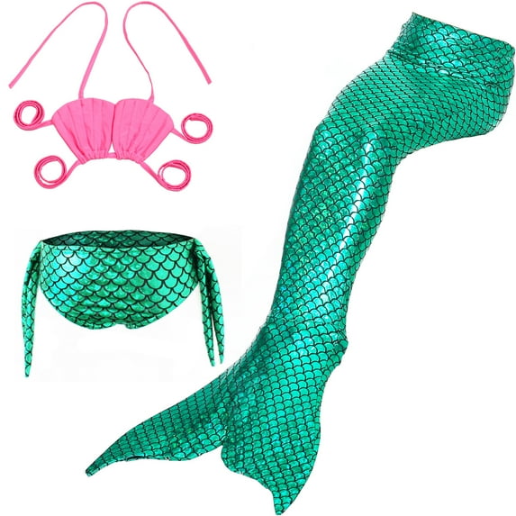【Uhome】3-12Y Girls Mermaid Swimsuit 3PCS Hot Spring Bikini Bathing suits with Fish Tail Kids Beach Costume Set
