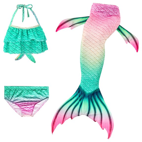 【Uhome】3PCS 3-12Y Girls Mermaid Bathing Suit Hot Spring Bikini Swimsuits with Fish Tail Kids Beach Costume Set