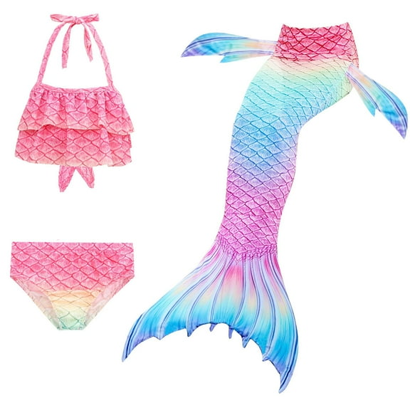 【Uhome】3PCS 3-12Y Girls Mermaid Bathing Suit Hot Spring Bikini Swimsuits with Fish Tail Kids Beach Costume Set