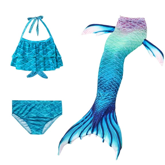 【Uhome】3PCS 3-12Y Girls Mermaid Bathing Suit Hot Spring Bikini Swimsuits with Fish Tail Kids Beach Costume Set