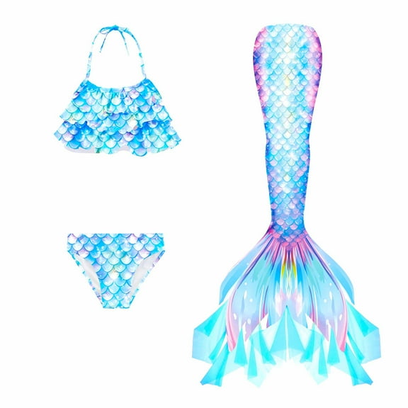 【Uhome】3PCS Girls Mermaid Swimsuit Hot Spring Bikini Bathing suits with Fish Tail Kids Beach Costume Set 3-12Y