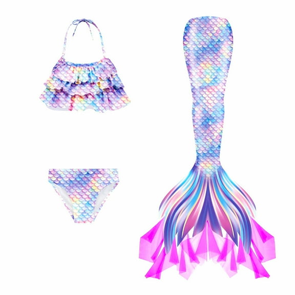 【Uhome】3PCS Girls Mermaid Swimsuit Hot Spring Bikini Bathing suits with Fish Tail Kids Beach Costume Set 3-12Y