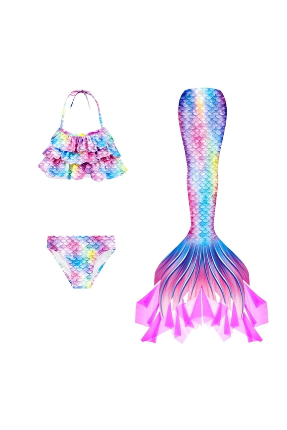 【Uhome】3PCS Girls Mermaid Swimsuit Hot Spring Bikini Bathing suits with Fish Tail Kids Beach Costume Set 3-12Y