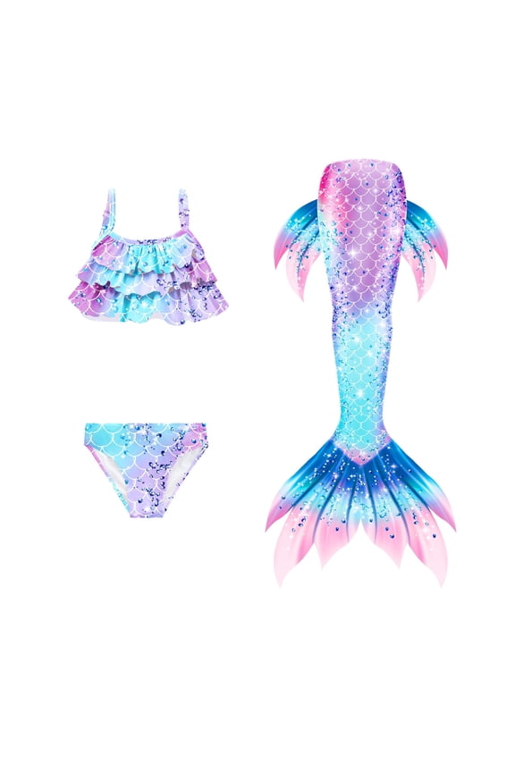 【Uhome】3PCS Girls Mermaid Tail Swimsuit Cute Costume Set with Fish Tail Kids Beach Bikini Bath Suit 3-12Y