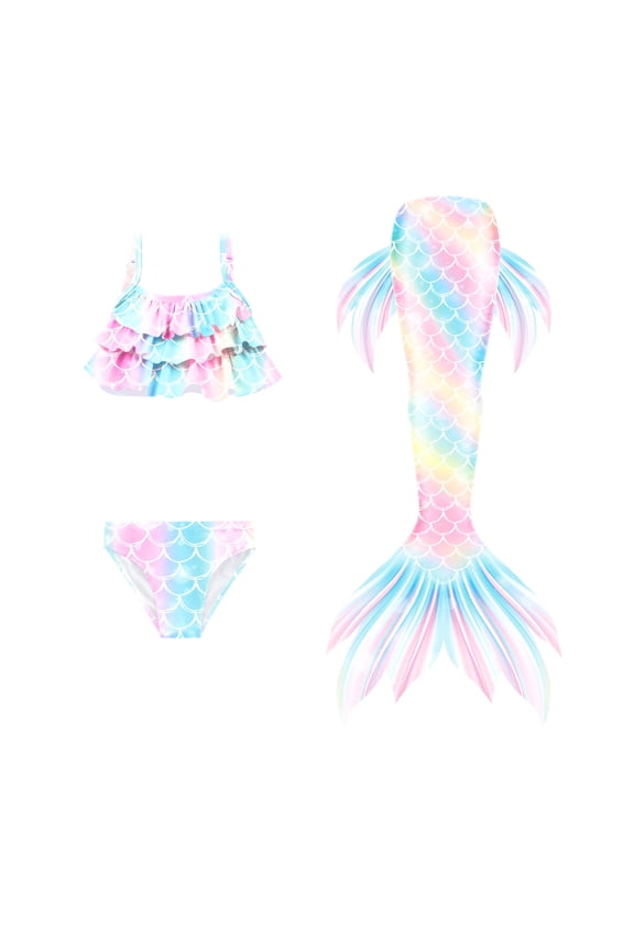 【Uhome】3PCS Girls Mermaid Tail Swimsuit Cute Costume Set with Fish Tail Kids Beach Bikini Bath Suit 3-12Y